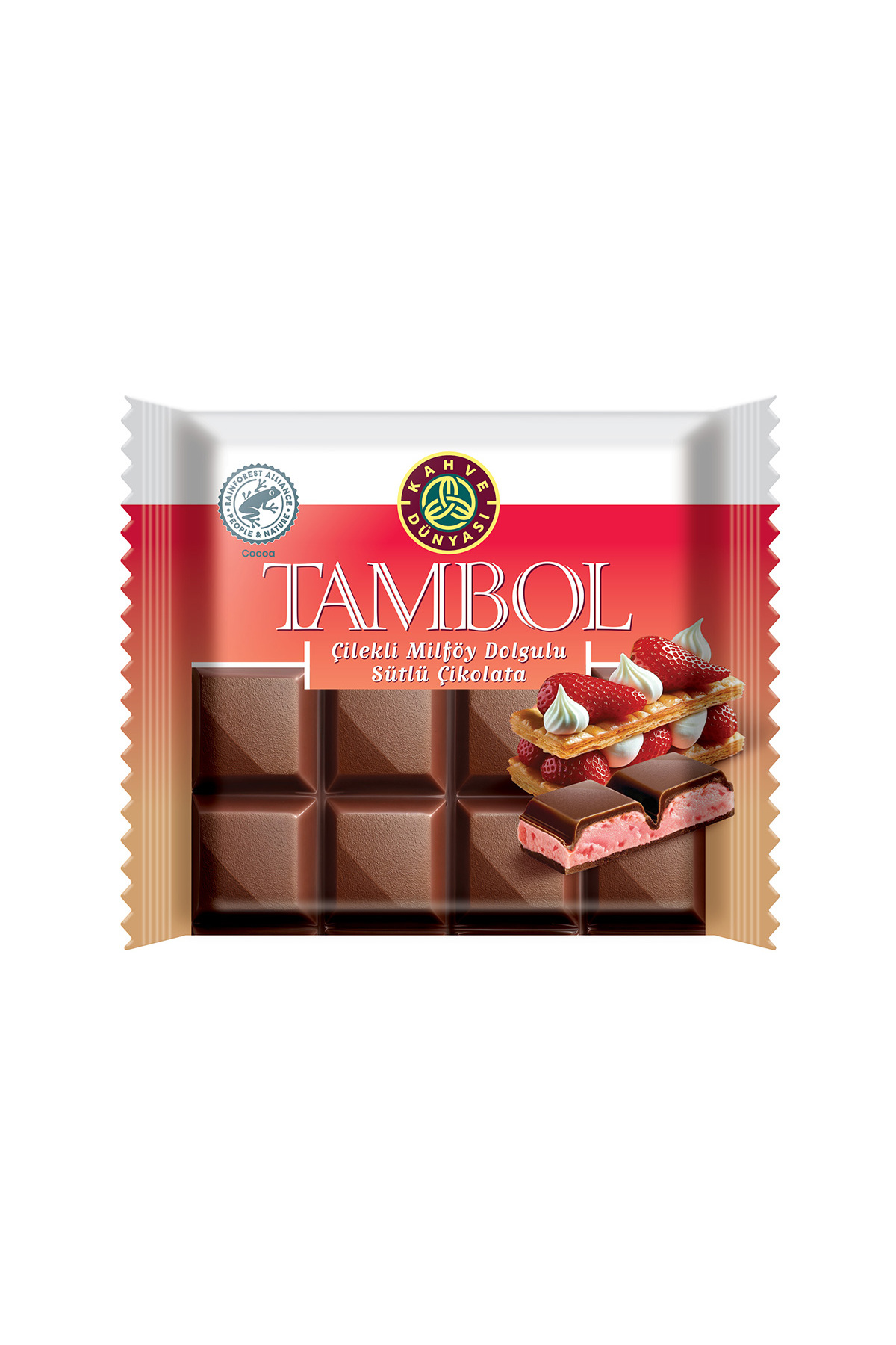 KAHVE DÜNYASI TAMBOL ÇİLEK MİLFÖY OLGULU SÜTLÜ ÇİKOLATA 100 GR