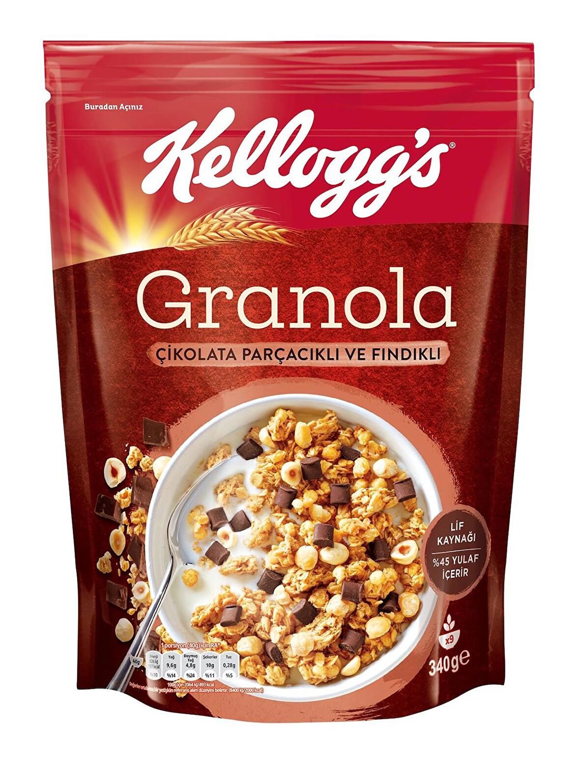 KELLOGGS GRANOLA ÇİKOLATA PARÇACIKLI VE FINDIKLI YULAF 340 GR