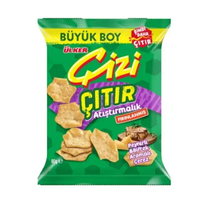 ÜLKER ÇİZİ SÜPER BOY ÇITIR ATIŞTIRMALIK PEYNİRLİ & BİFTEK AROMALI ÇEREZ 120 GR