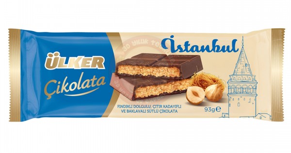 ÜLKER İSTANBUL FINDIK DOLGULU ÇITIR KADAYIFLI VE BAKLAVALI SÜTLÜ ÇİKOLATA 93 GR